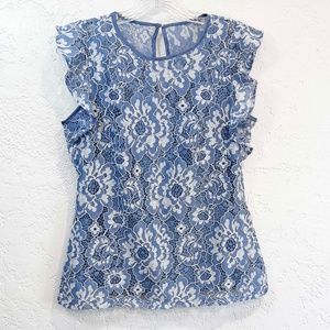 White House Black Market Blue Lace Top, Cap Sleeve, Sz 4, Keyhole Closure, Party